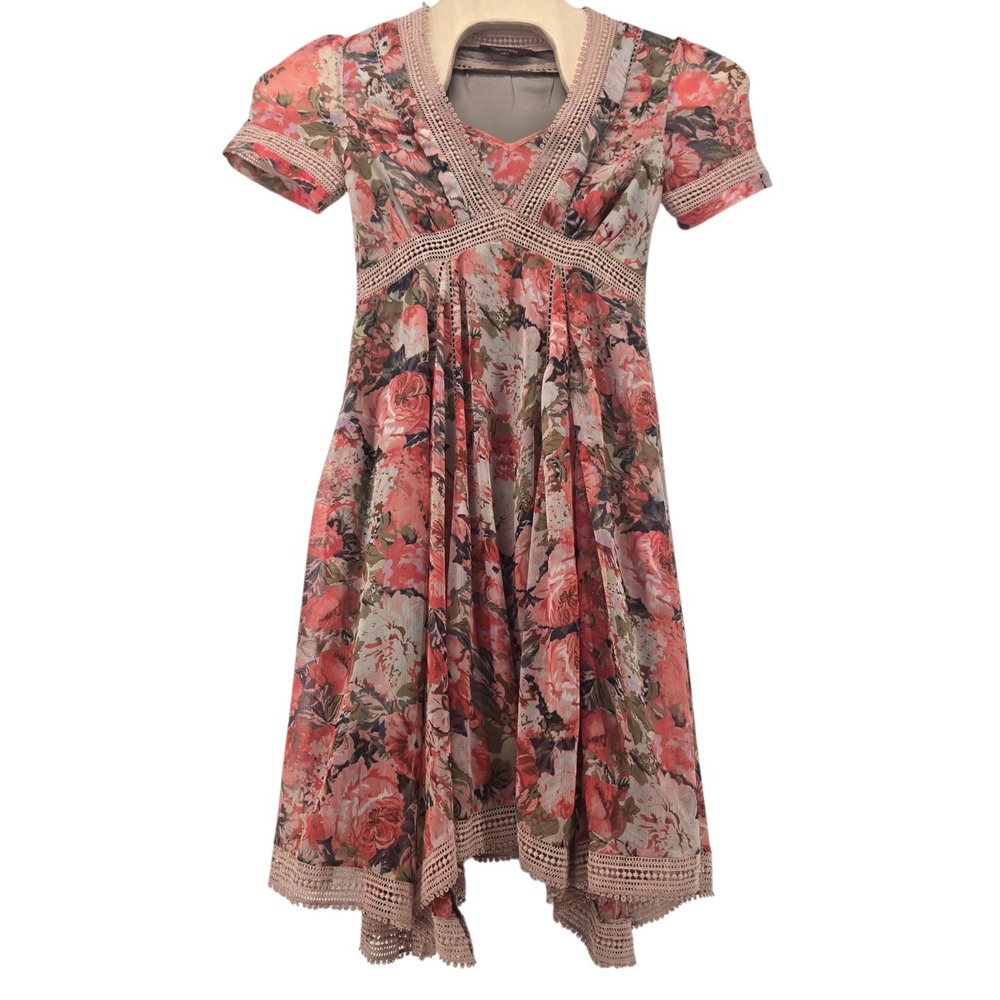 Anthropologie Ranna Gill Rose Bouquet Dress Womens Sz 4 Chiffon Lace Floral Midi